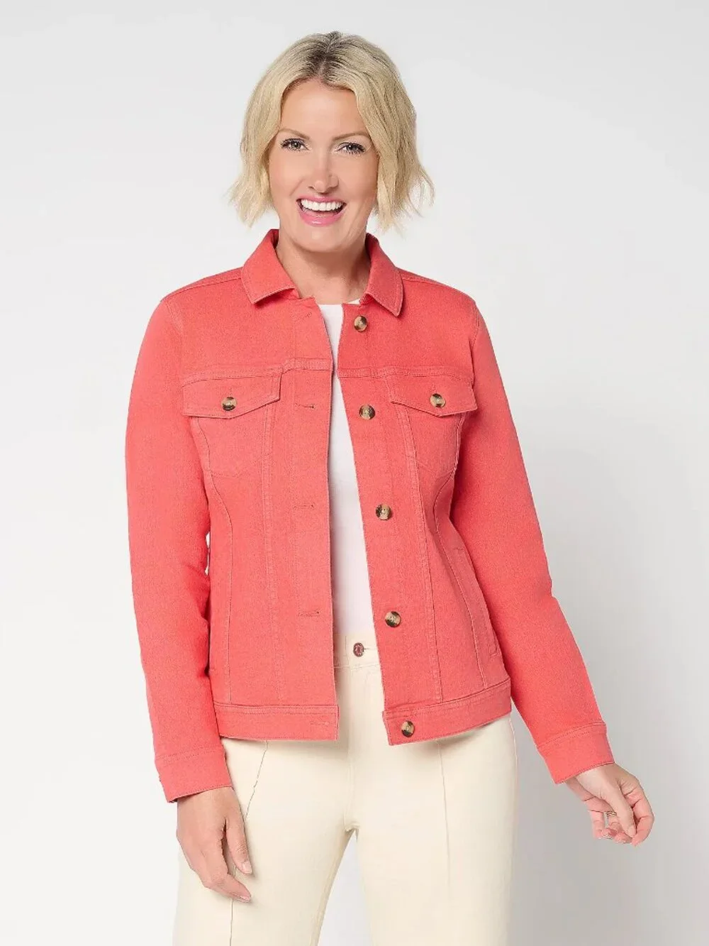 Denim & Co. Classic Stretch Denim Jacket with Welt Pockets, Coral Sz 2X a698540